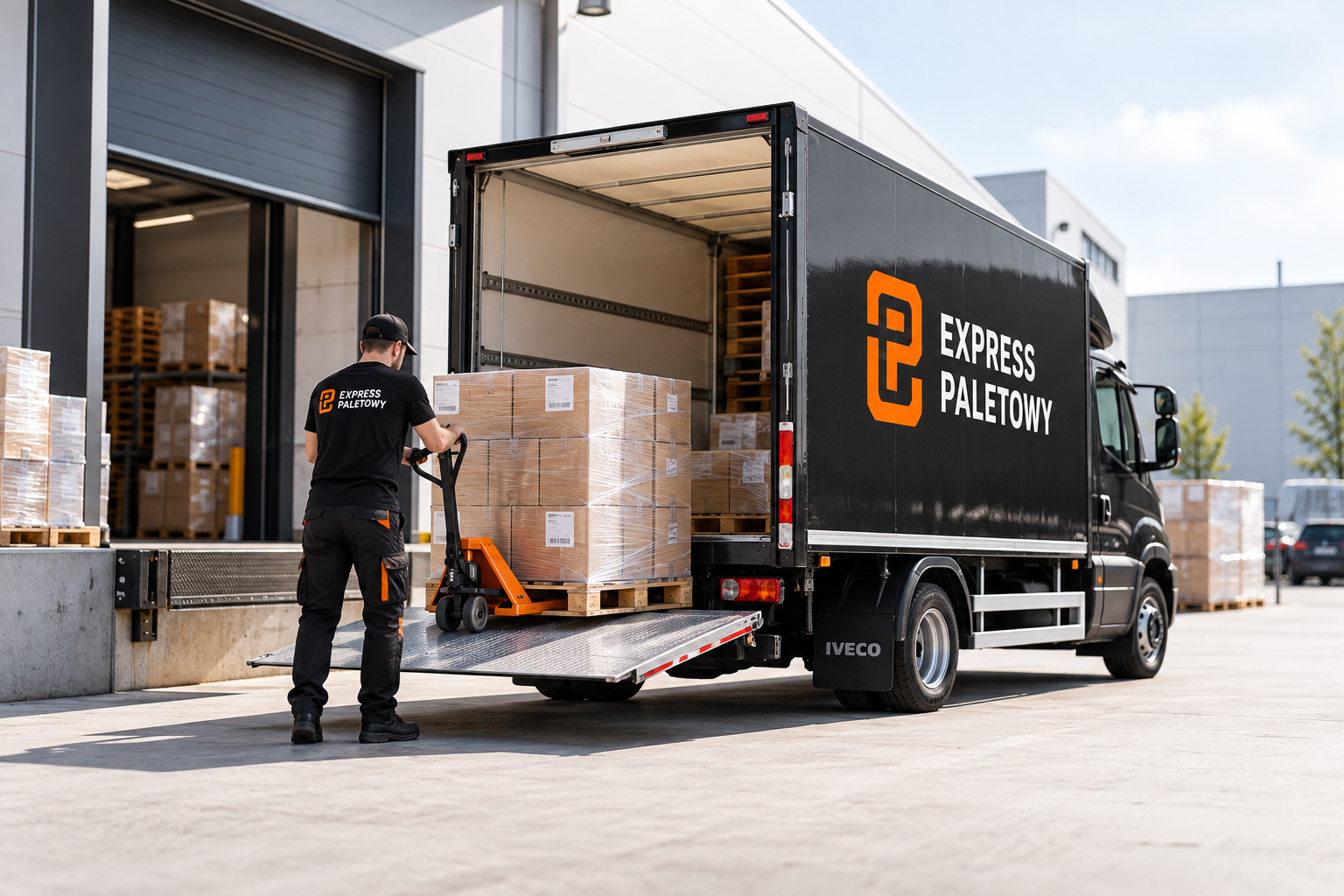 Auto dostawcze z paletami przy magazynie — transport B2B Wrocław
