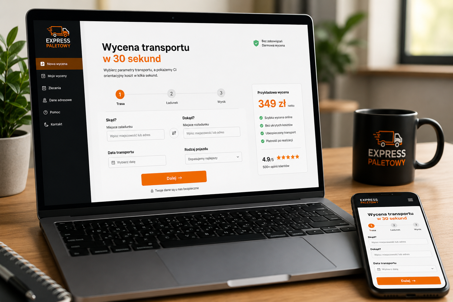 Wycena transportu online na laptopie